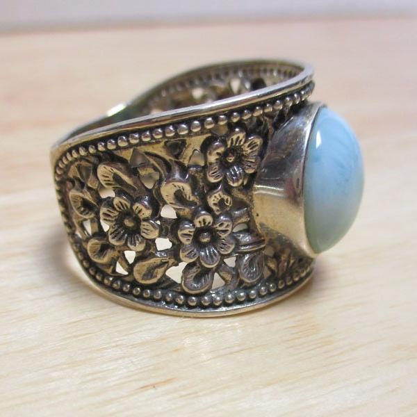 Gr 134 Sterling Silver and Larimar Reticulated Floral Signet Ring Size 12 1/4
