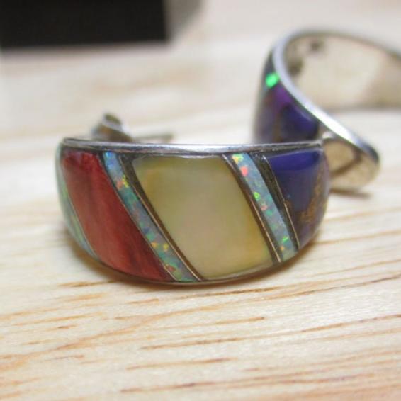 Gr 139 Sterling Silver, Turquoise, Opal, Onyx, Charoite and Red Jasper Navajo Inlaid Half Hoop Earrings Signed QQ