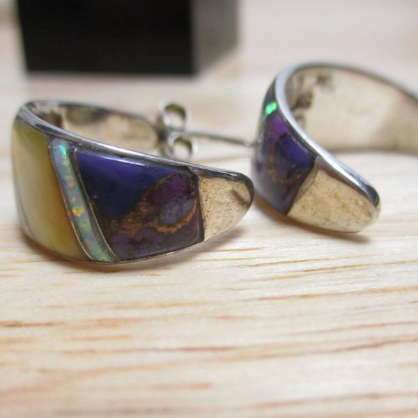 Gr 139 Sterling Silver, Turquoise, Opal, Onyx, Charoite and Red Jasper Navajo Inlaid Half Hoop Earrings Signed QQ