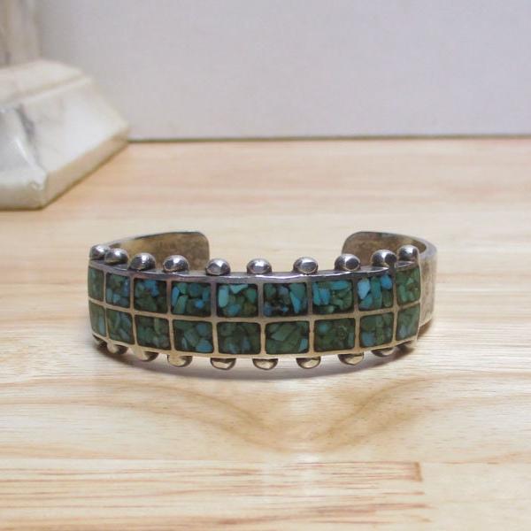 Vintage Navajo Ingot Sterling Silver and Turquoise Cluster Inlay Cuff Bracelet Heavy
