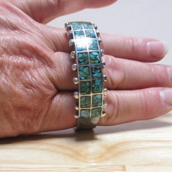 Gr 142 Vintage Navajo Ingot Sterling Silver and Turquoise Cluster Inlay Cuff Bracelet Heavy