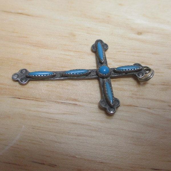 Gr 143 Zuni Sterling Silver Needlepoint Turquoise Inlaid Cross Fred Harvey Era