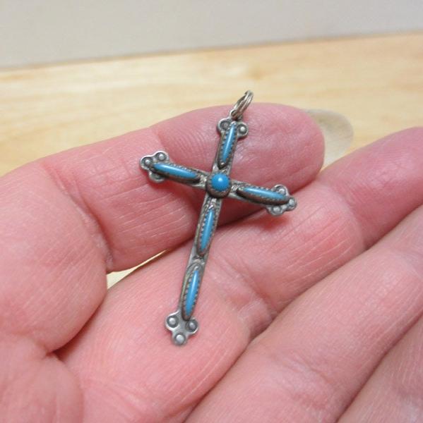 Zuni Sterling Silver Needlepoint Turquoise Inlaid Cross Fred Harvey Era