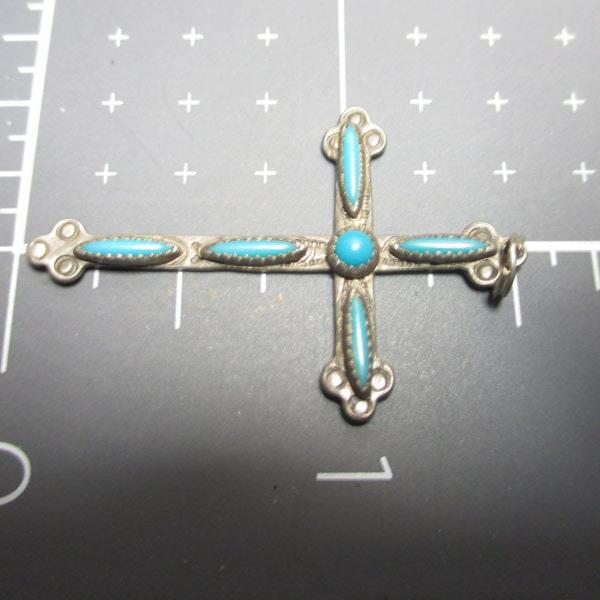 Gr 143 Zuni Sterling Silver Needlepoint Turquoise Inlaid Cross Fred Harvey Era