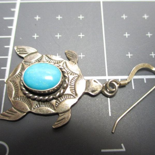 Gr 143 Navajo Sterling Silver and Turquoise Hand Stamped Dangle Earrings Turtles