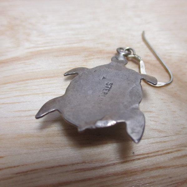 Gr 143 Navajo Sterling Silver and Turquoise Hand Stamped Dangle Earrings Turtles