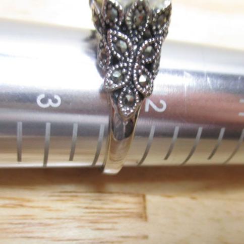 Gr 141 Art Deco Sterling Silver, Marcasite and Pearl Ring Size 12.5