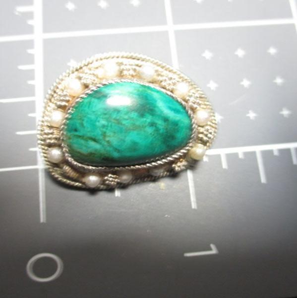 Gr 141 Vintage Israel Sterling Silver Turquoise and Pearl Pin and Pendant