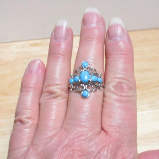 Gr 142 Sterling Silver and Turquoise Cabochons DK Statement Ring Size 12 1/2