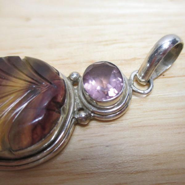 Gr 142 Sterling Silver, Amethyst and Fluorite Carved Pendant