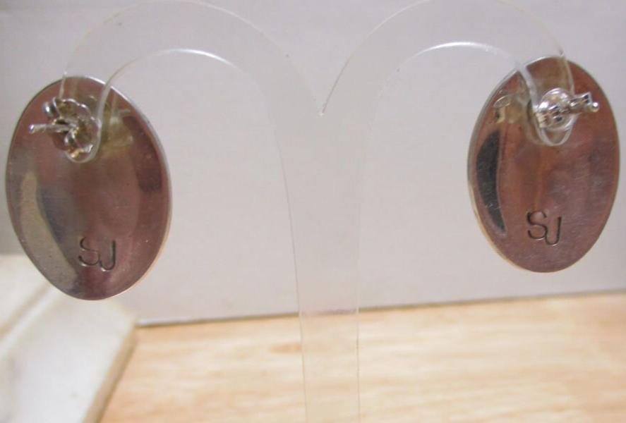 Gr 144 Hopi Navajo Sterling Silver Overlay Yei Stud Earrings Signed SJ