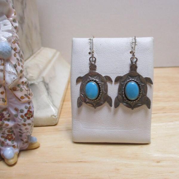 Gr 143 Navajo Sterling Silver and Turquoise Hand Stamped Dangle Earrings Turtles