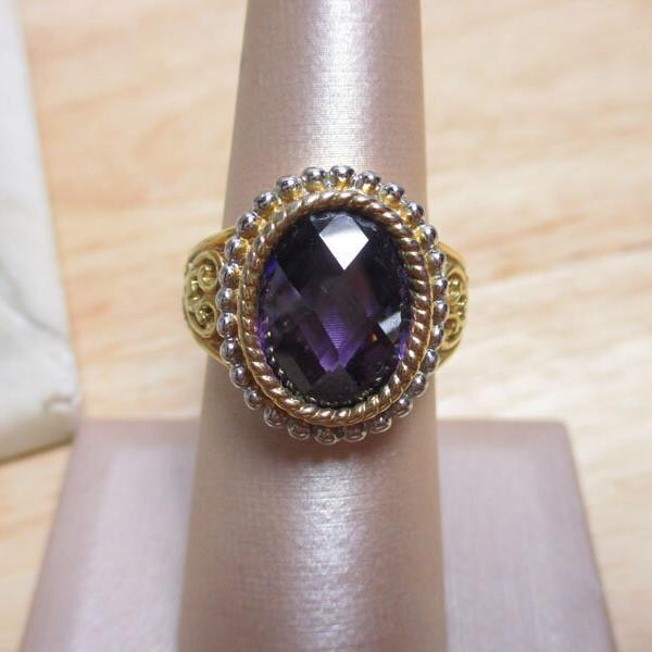 Gr 145 Sterling Silver Vermeil Amethyst Engraved Signet Ring Size 7 1/4