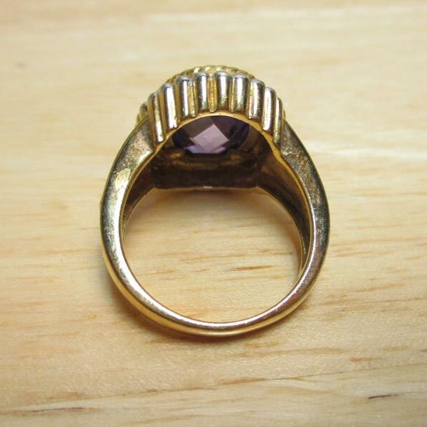 Gr 145 Sterling Silver Vermeil Amethyst Engraved Signet Ring Size 7 1/4