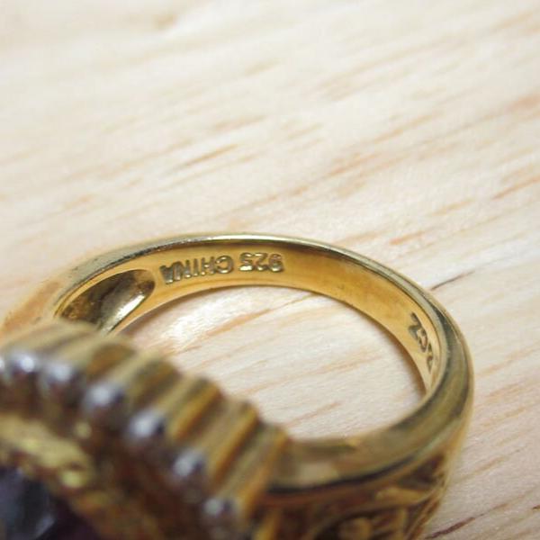 Gr 145 Sterling Silver Vermeil Amethyst Engraved Signet Ring Size 7 1/4