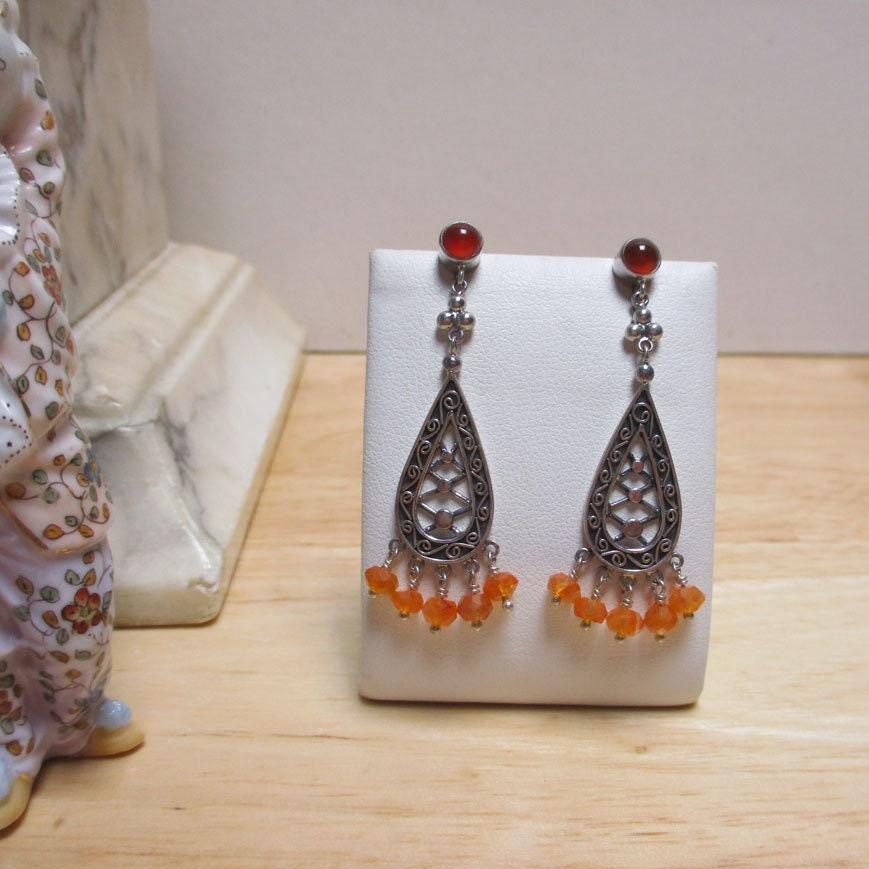 Gr 145 Vintage Signed Sajen Sterling Silver Articulated Earrings, Carnelian and Quartz Dangles
