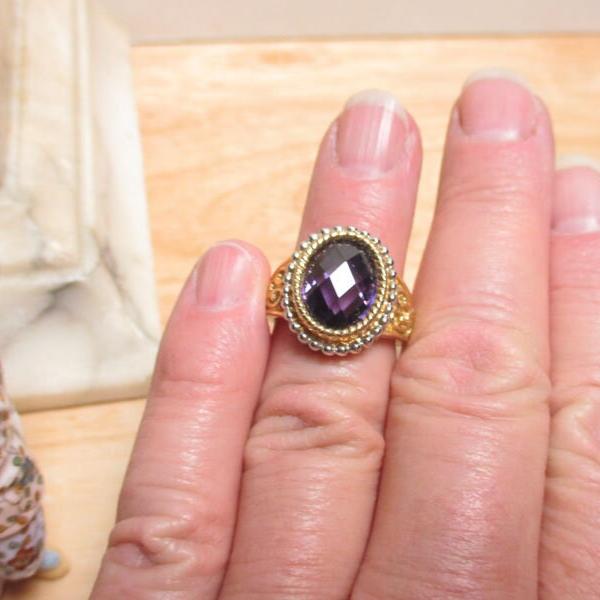Gr 145 Sterling Silver Vermeil Amethyst Engraved Signet Ring Size 7 1/4