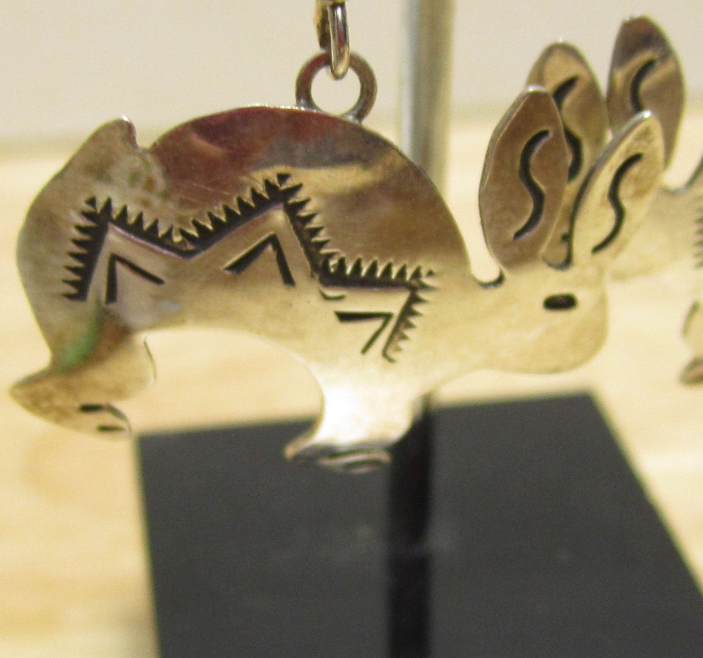 Gr 151 Navajo Virgie Jake Sterling Silver and Turquoise Hand Stamped Rabbit Earrings