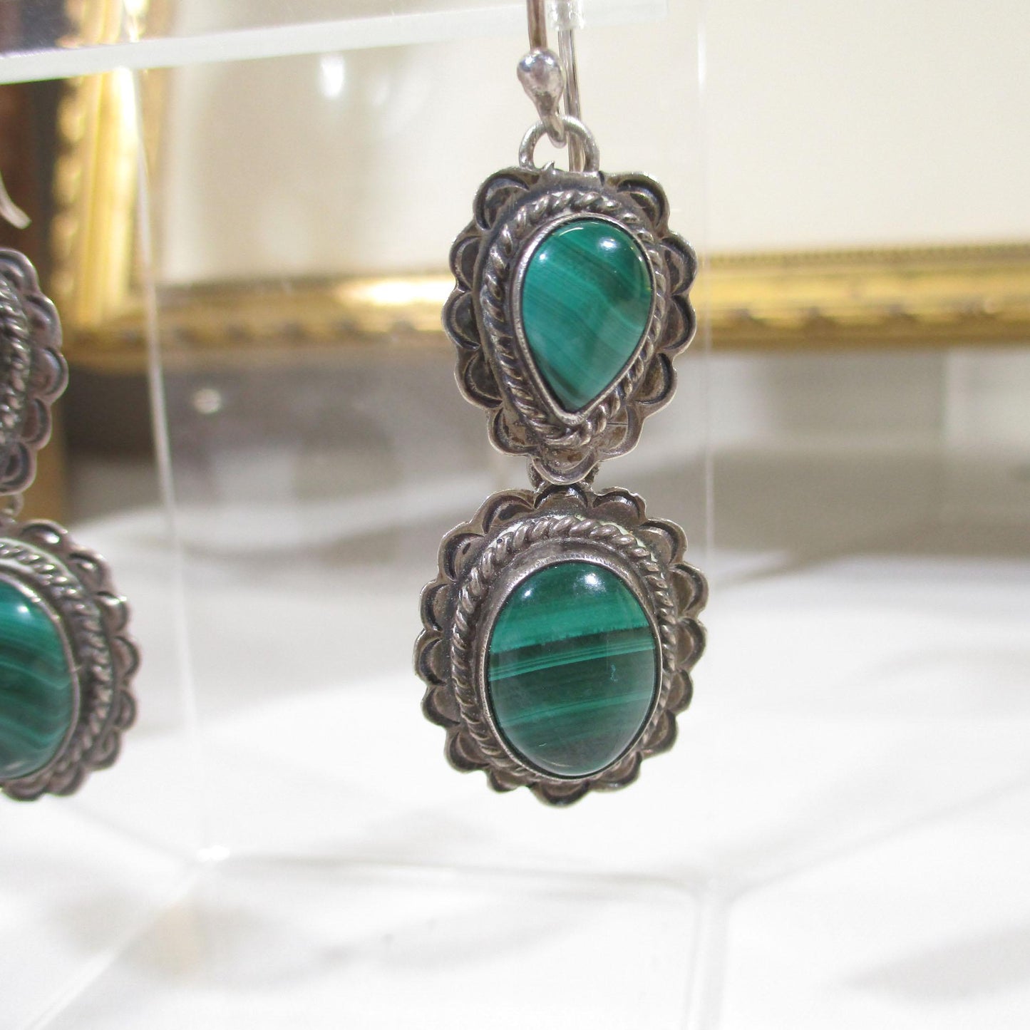 Gr 152 Navajo Nakai Hand Stamped Double Malachite Drop Earrings