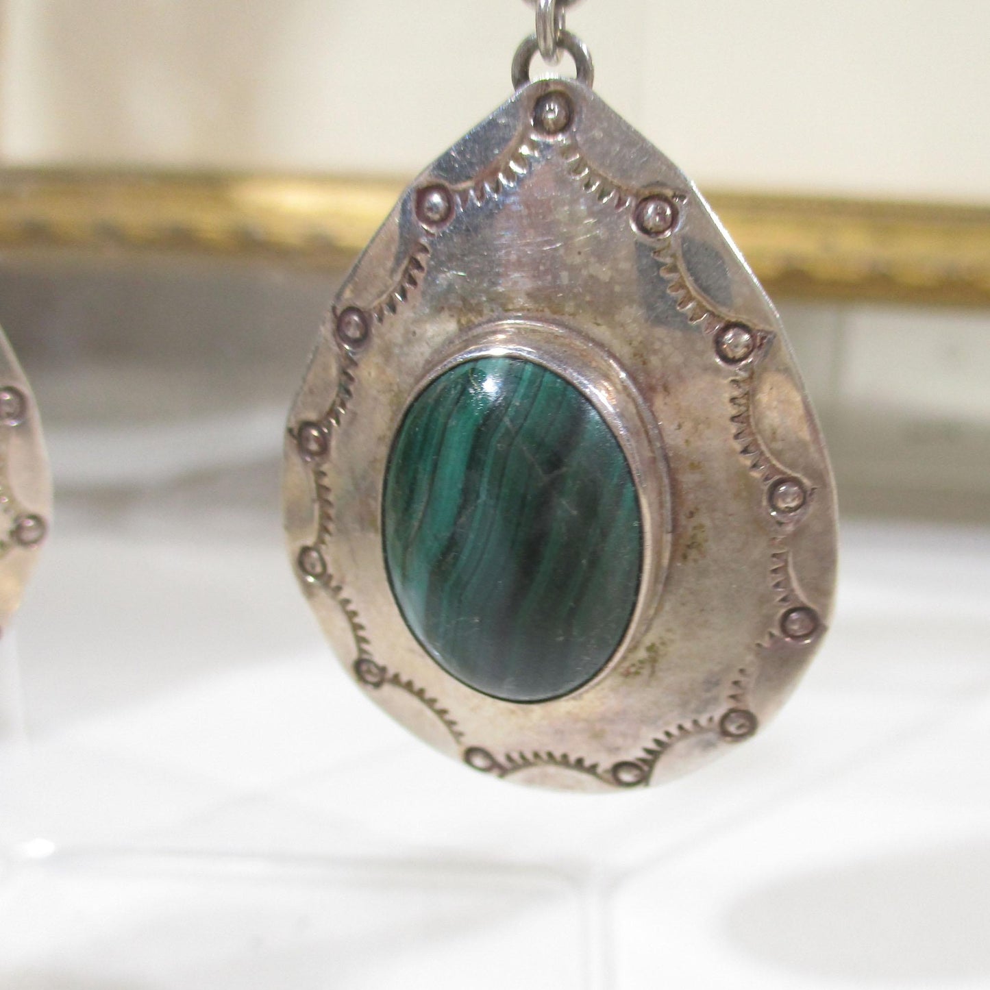 Gr 152 Navajo Nakai Hand Stamped Malachite Drop Earrings