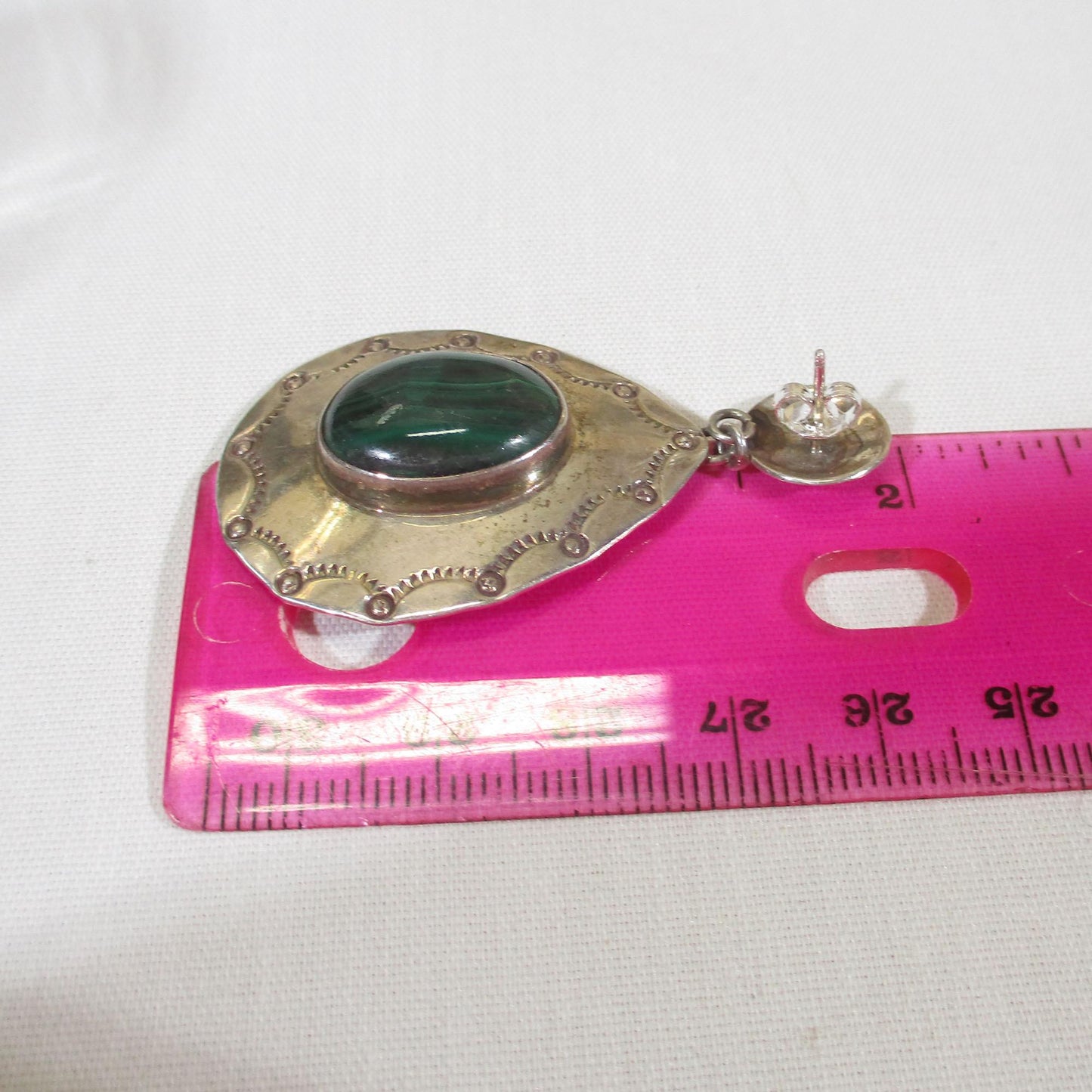 Gr 152 Navajo Nakai Hand Stamped Malachite Drop Earrings