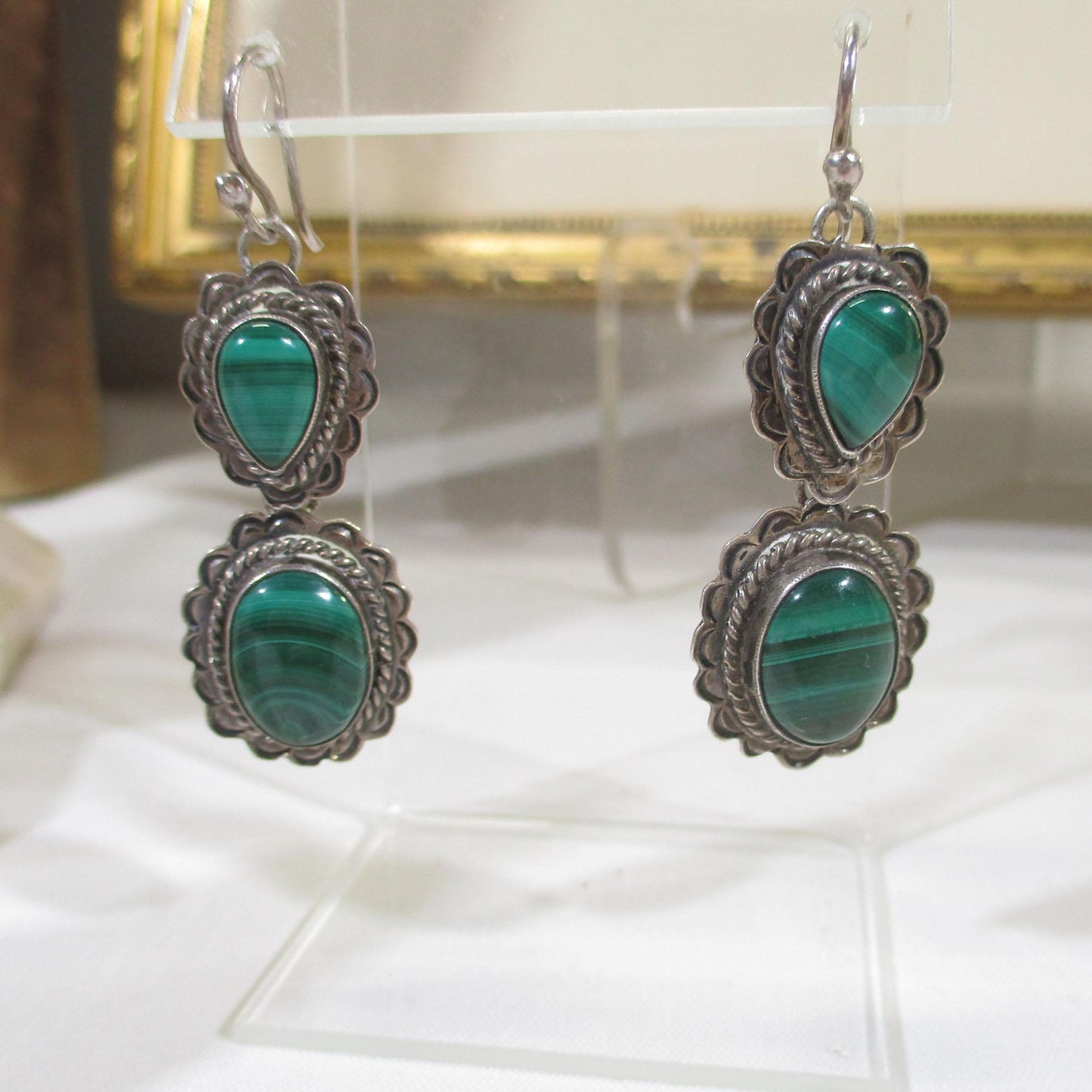 Gr 152 Navajo Nakai Hand Stamped Double Malachite Drop Earrings
