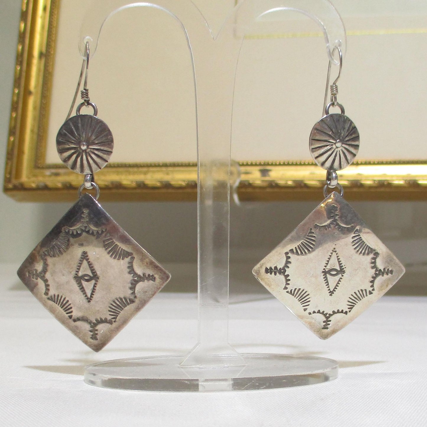 Gr 152 Navajo Hand Stamped Sterling Silver Drop Earrings