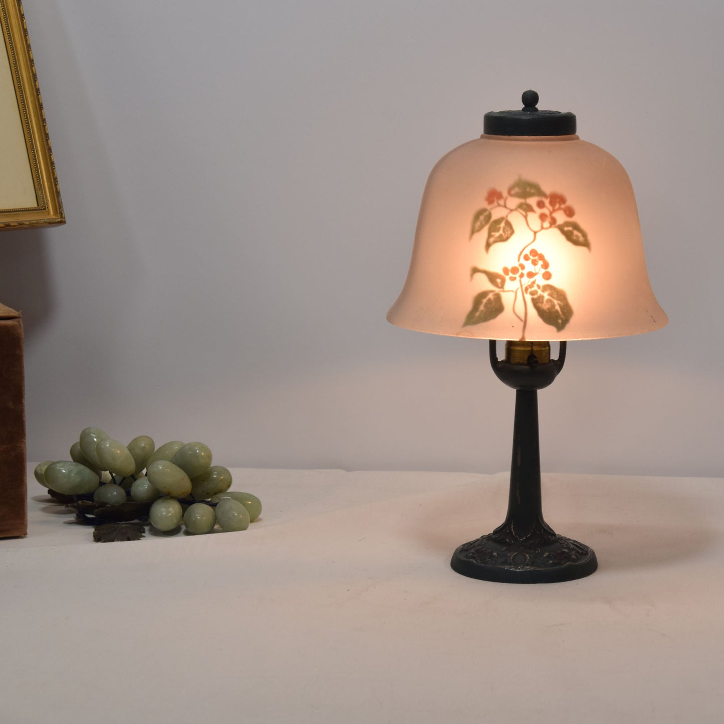Vintage Reverse Painted Arts and Crafts Desk or Boudoir Cast Iron Lamp
