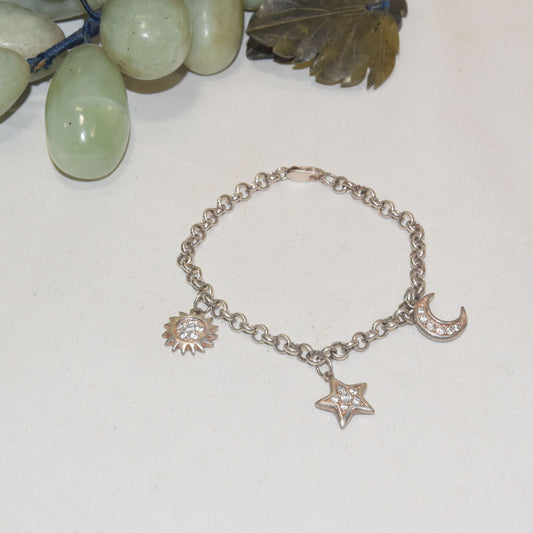 Sun, Moon and Star Sterling Silver and Cubic Zirconia Link Bracelet 7" Length