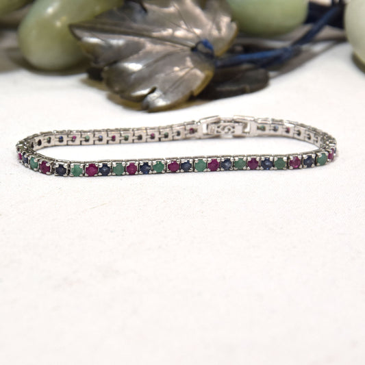 Sterling Silver, Emerald, Ruby and Sapphire Tennis Bracelet
