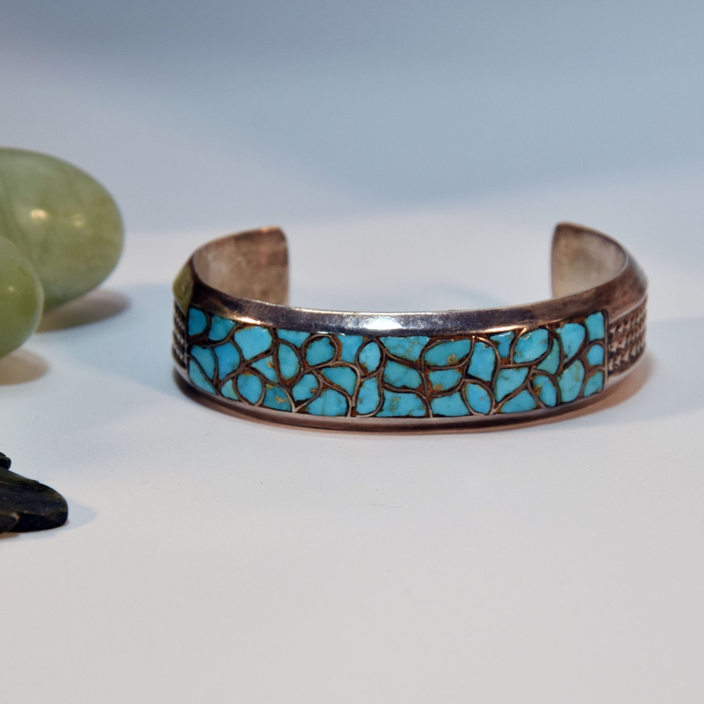 Gr 140 Vintage Zuni Sterling Silver and Turquoise Cobblestone Cluster Inlay Cuff Bracelet Heavy
