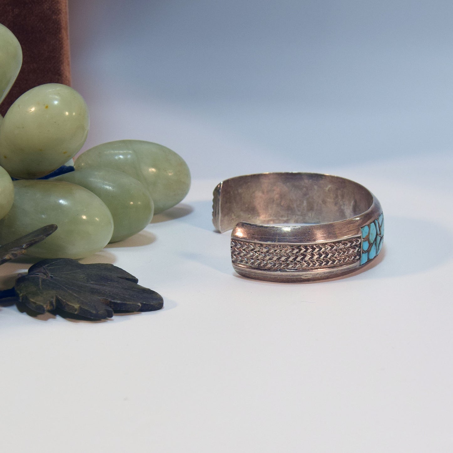Gr 140 Vintage Zuni Sterling Silver and Turquoise Cobblestone Cluster Inlay Cuff Bracelet Heavy