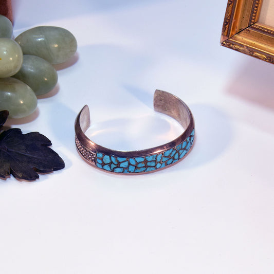 Gr 140 Vintage Zuni Sterling Silver and Turquoise Cobblestone Cluster Inlay Cuff Bracelet Heavy