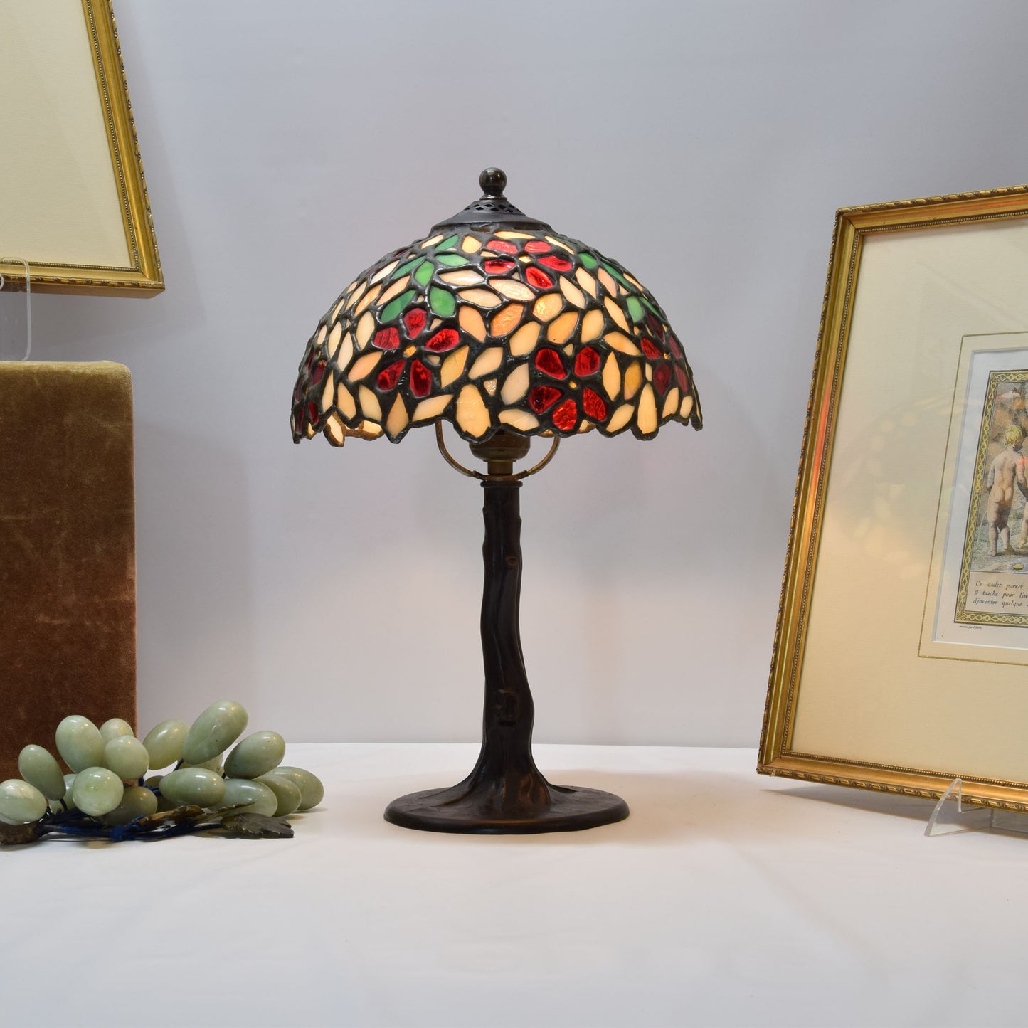 Vintage Bent Tree Trunk Lamp Base Vintage Unique Stained Glass Shade
