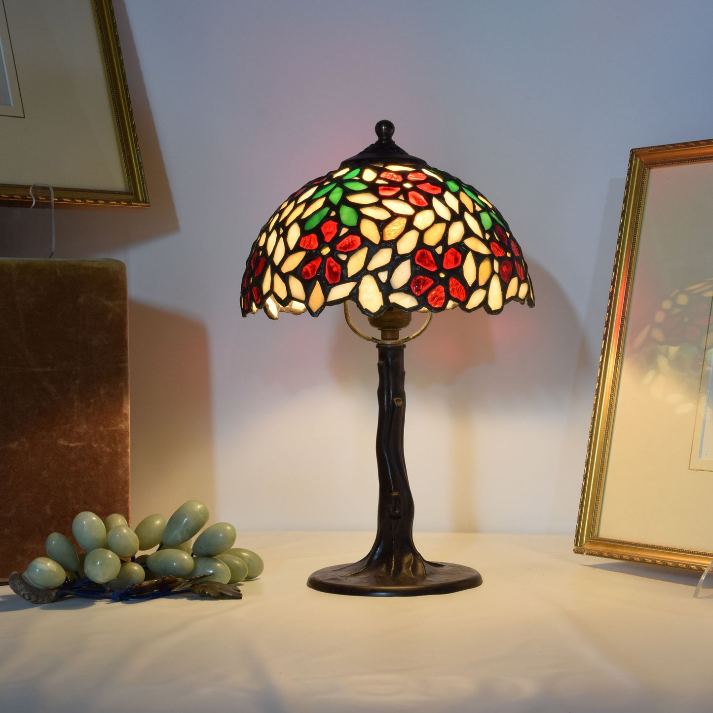 Vintage Bent Tree Trunk Lamp Base Vintage Unique Stained Glass Shade
