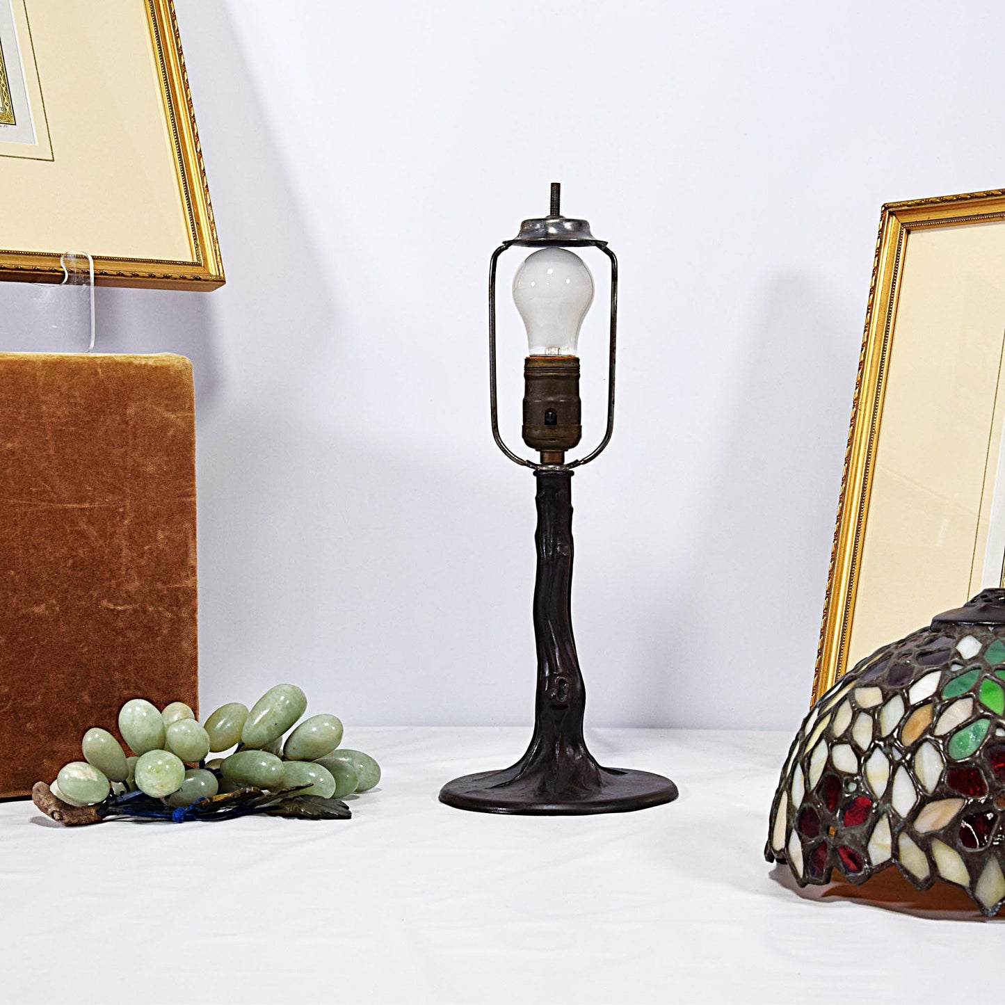Vintage Bent Tree Trunk Lamp Base Vintage Unique Stained Glass Shade