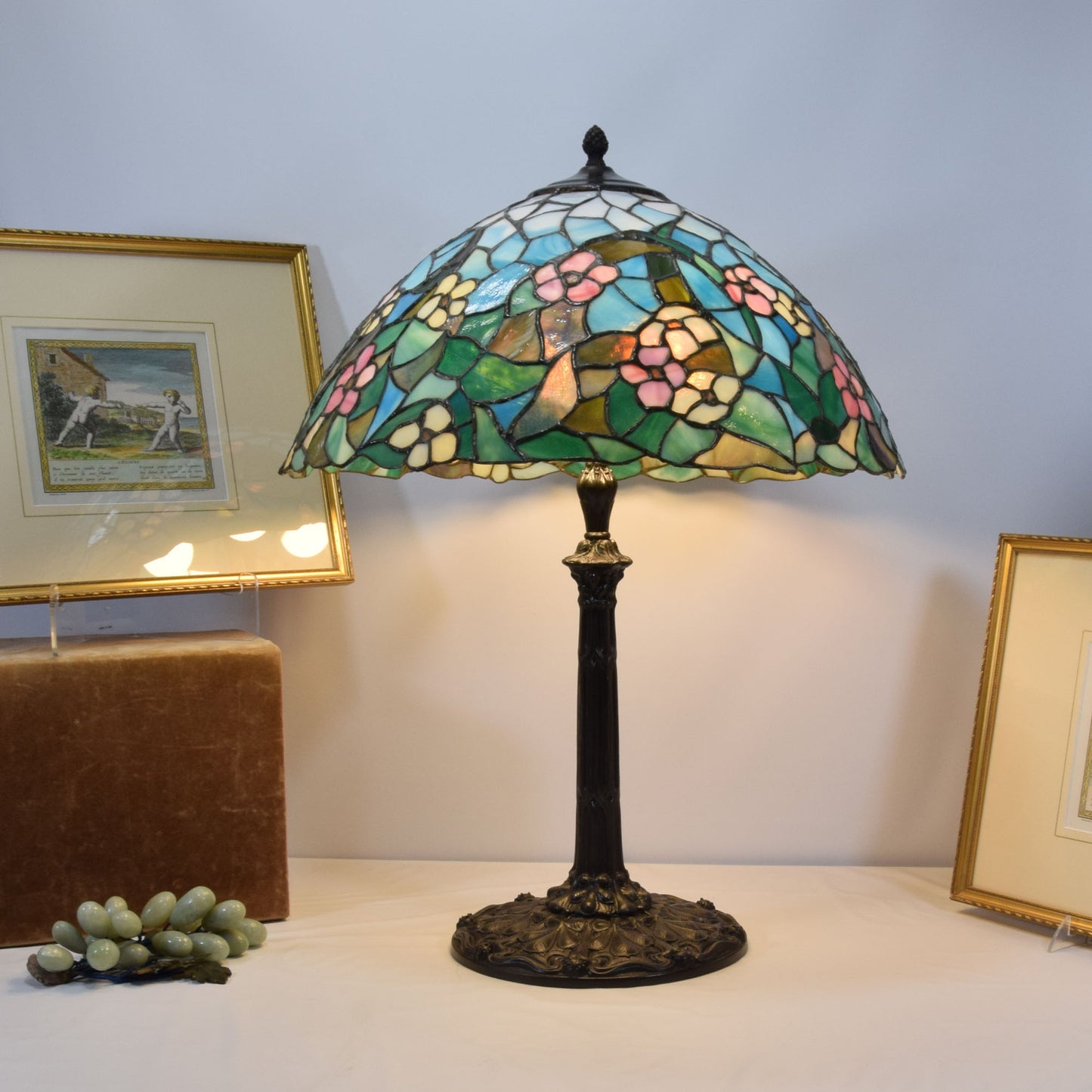 Antique Huge Signed Miller 4 Light Leaded Stained Slag Glass Table Lamp