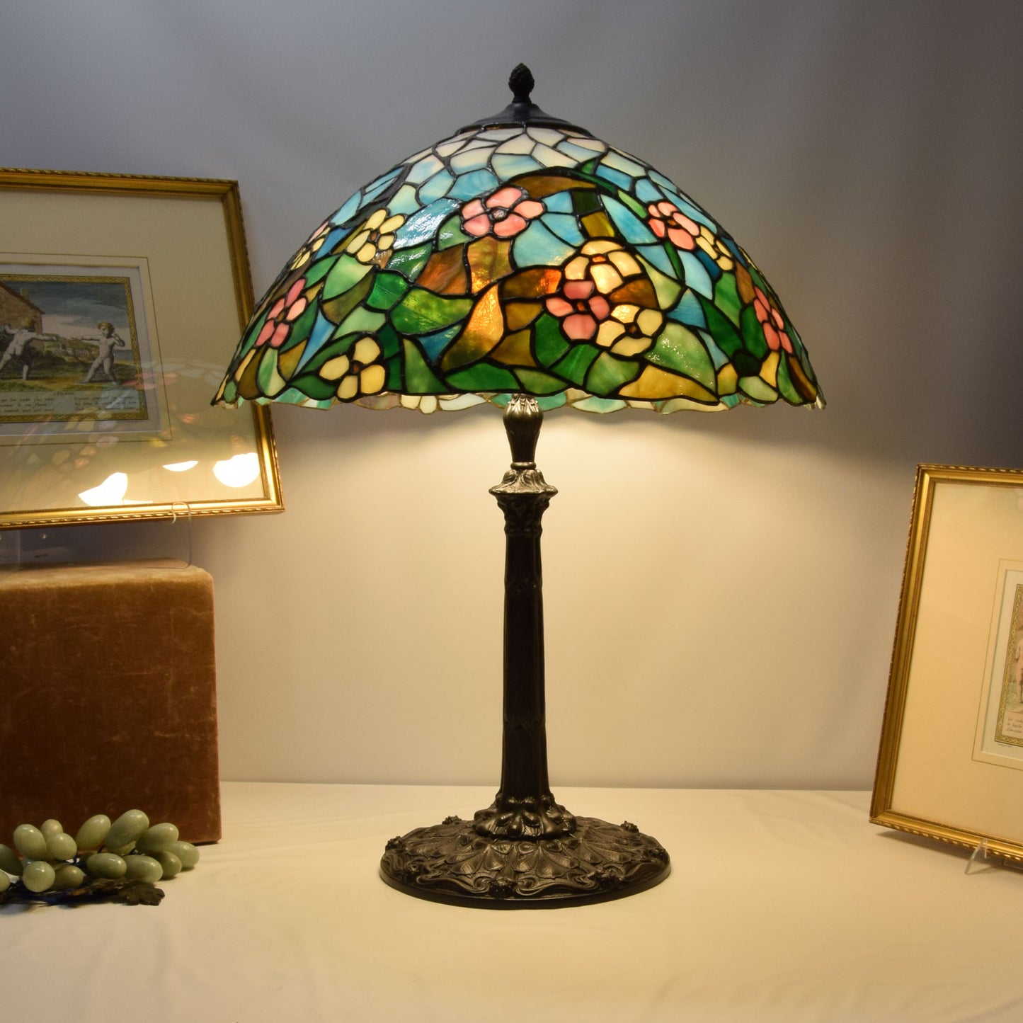 Antique Huge Signed Miller 4 Light Leaded Stained Slag Glass Table Lamp
