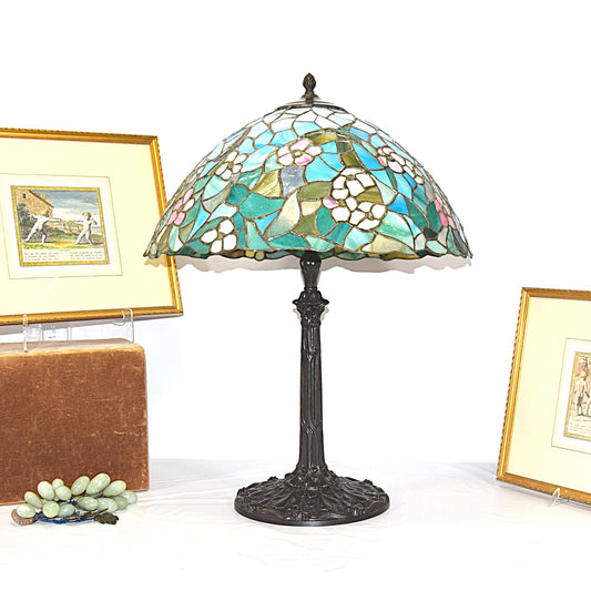 Antique Huge Signed Miller 4 Light Leaded Stained Slag Glass Table Lamp