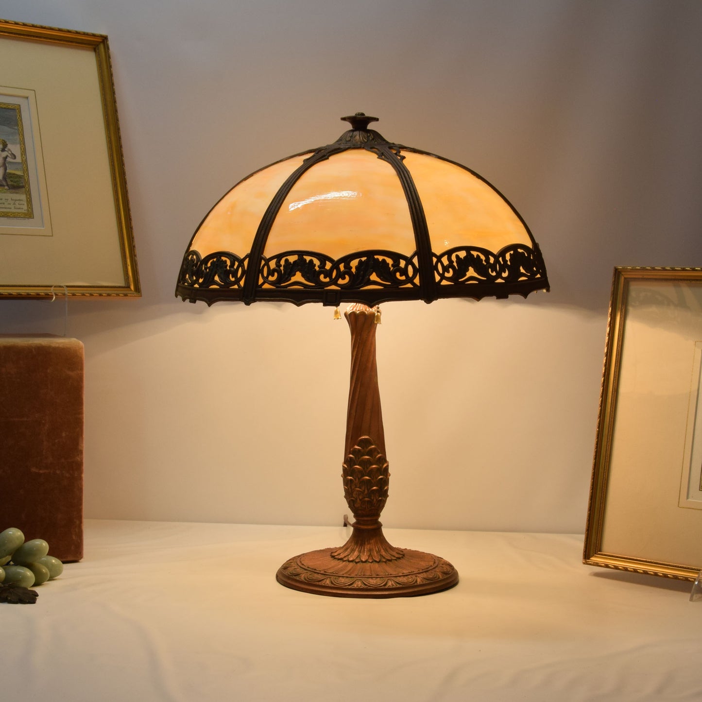 Arts and Crafts Miller Slag Glass Lamp Iron and Zinc Base