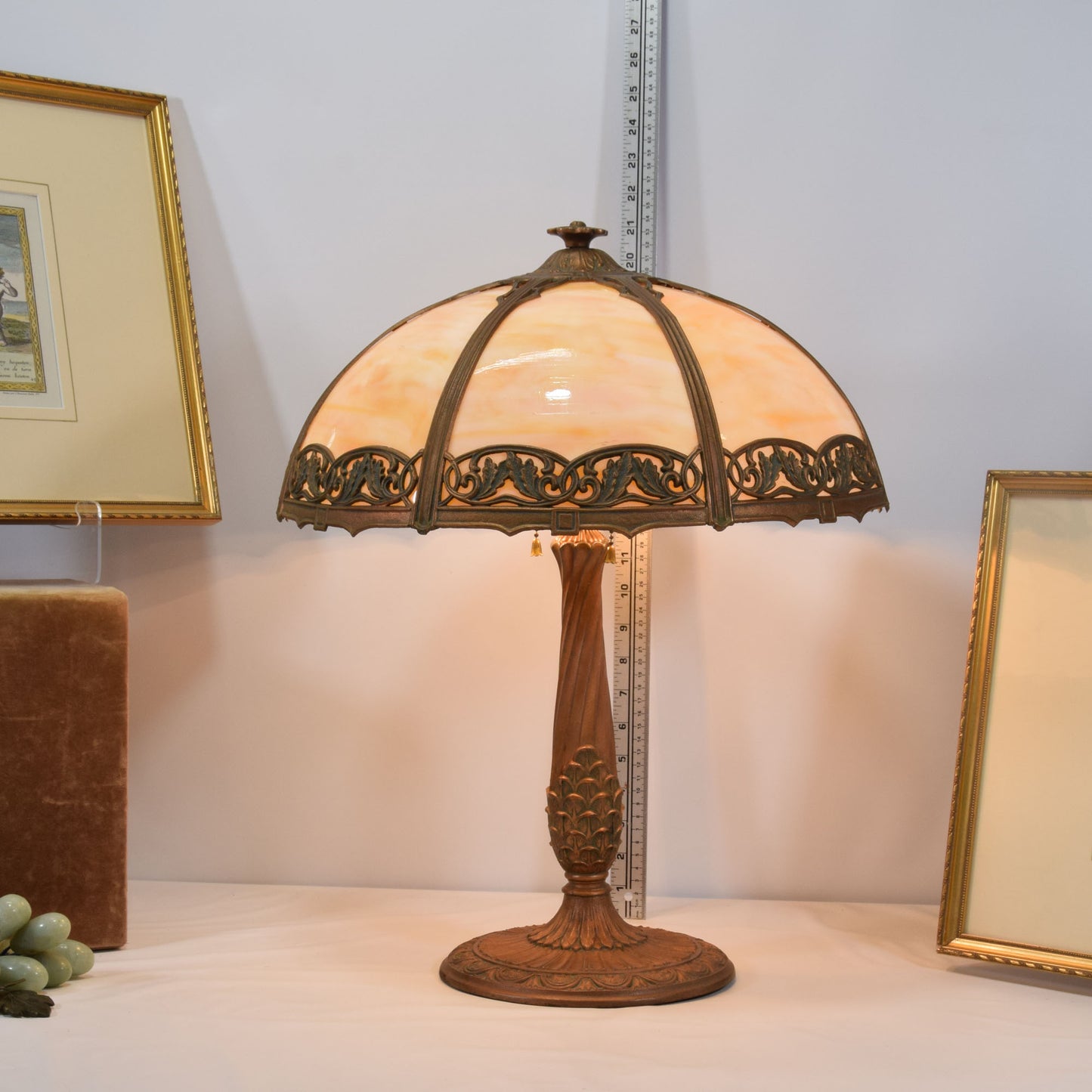 Arts and Crafts Miller Slag Glass Lamp Iron and Zinc Base