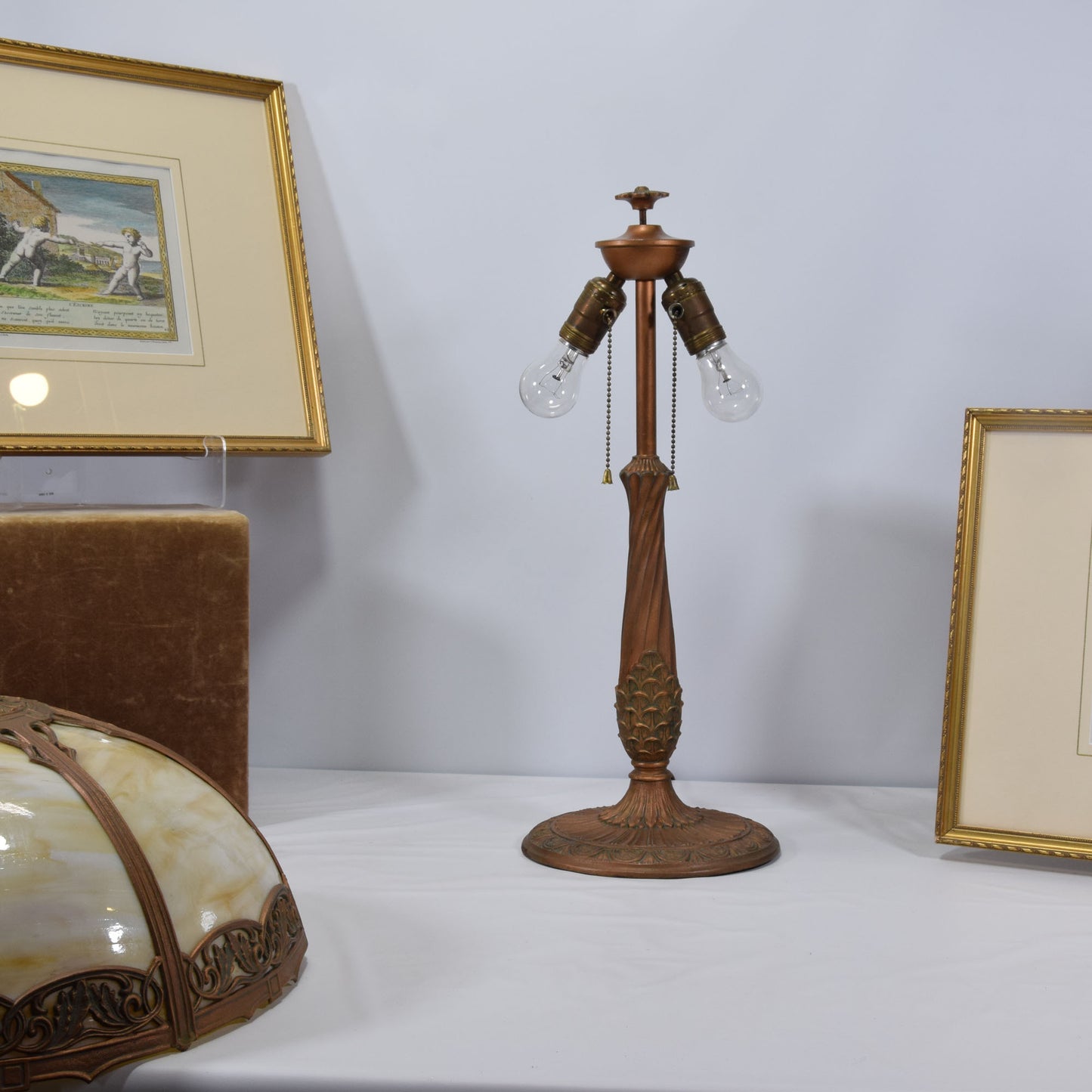 Arts and Crafts Miller Slag Glass Lamp Iron and Zinc Base