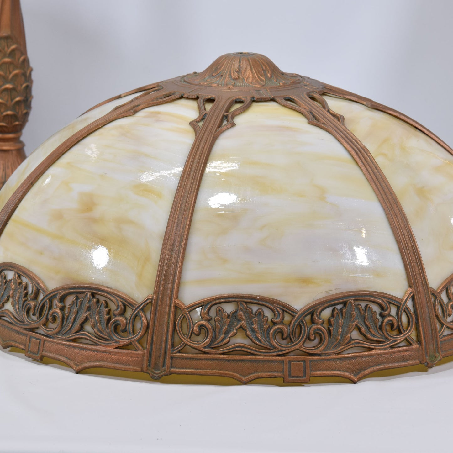 Arts and Crafts Miller Slag Glass Lamp Iron and Zinc Base