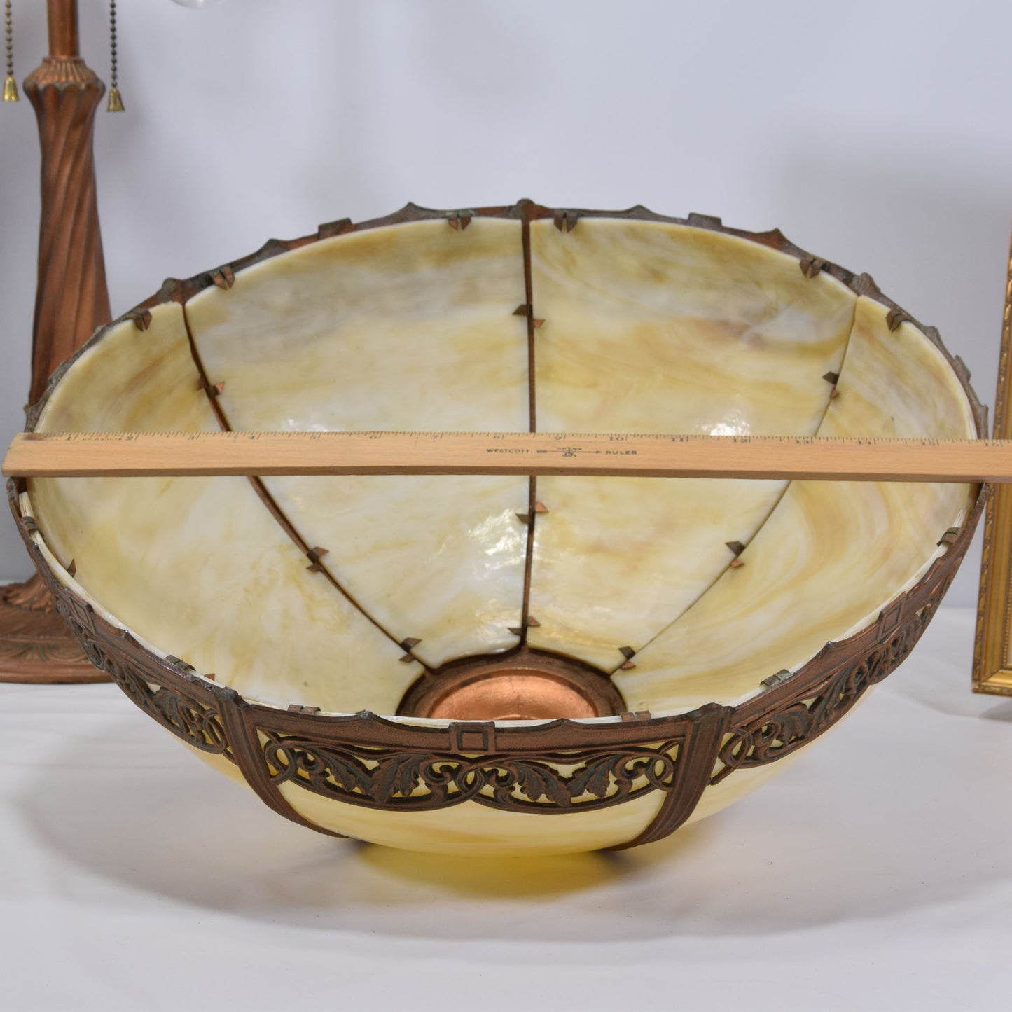 Arts and Crafts Miller Slag Glass Lamp Iron and Zinc Base