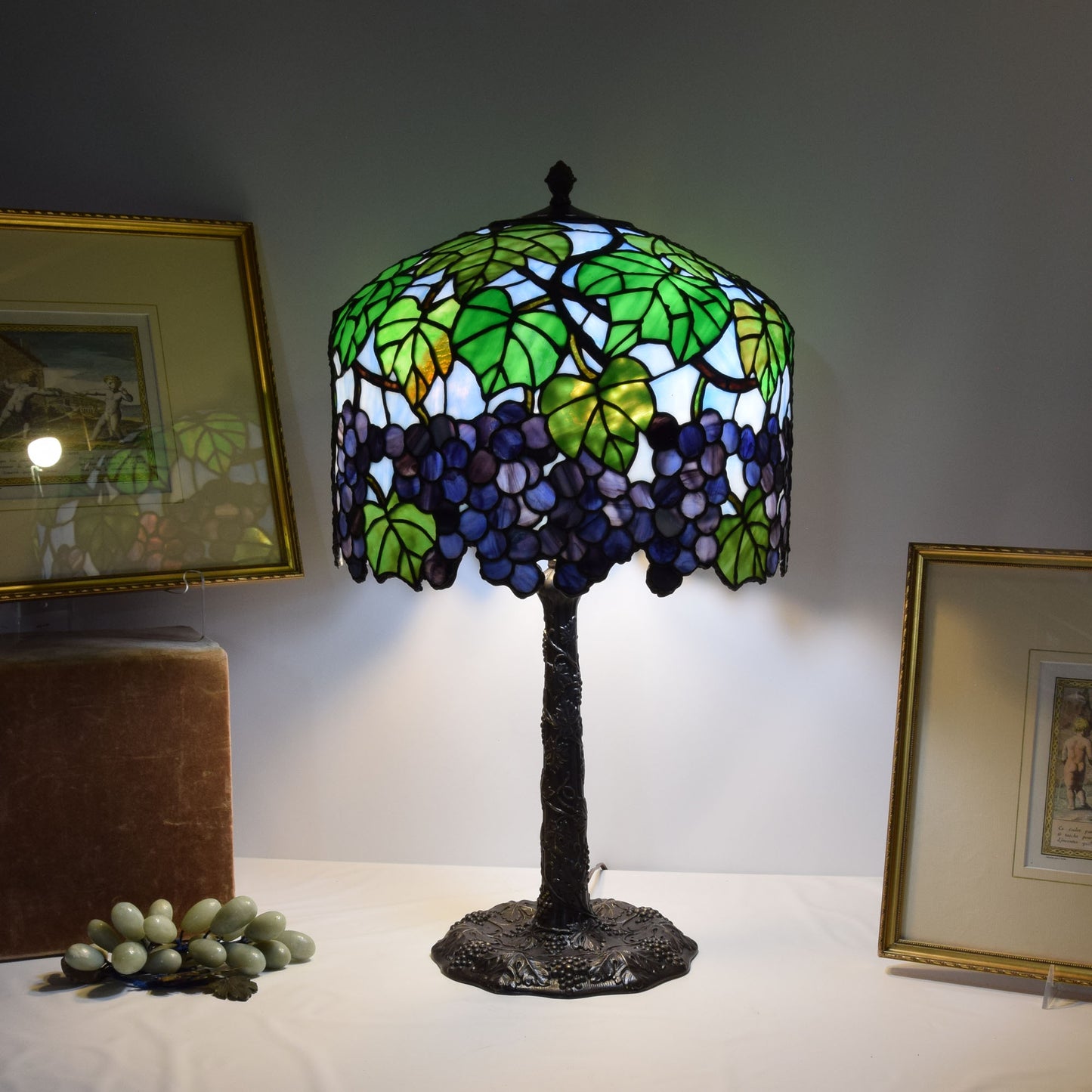 Antique Miller 3 Light Leaded Stained Slag Glass Table Lamp Grapes