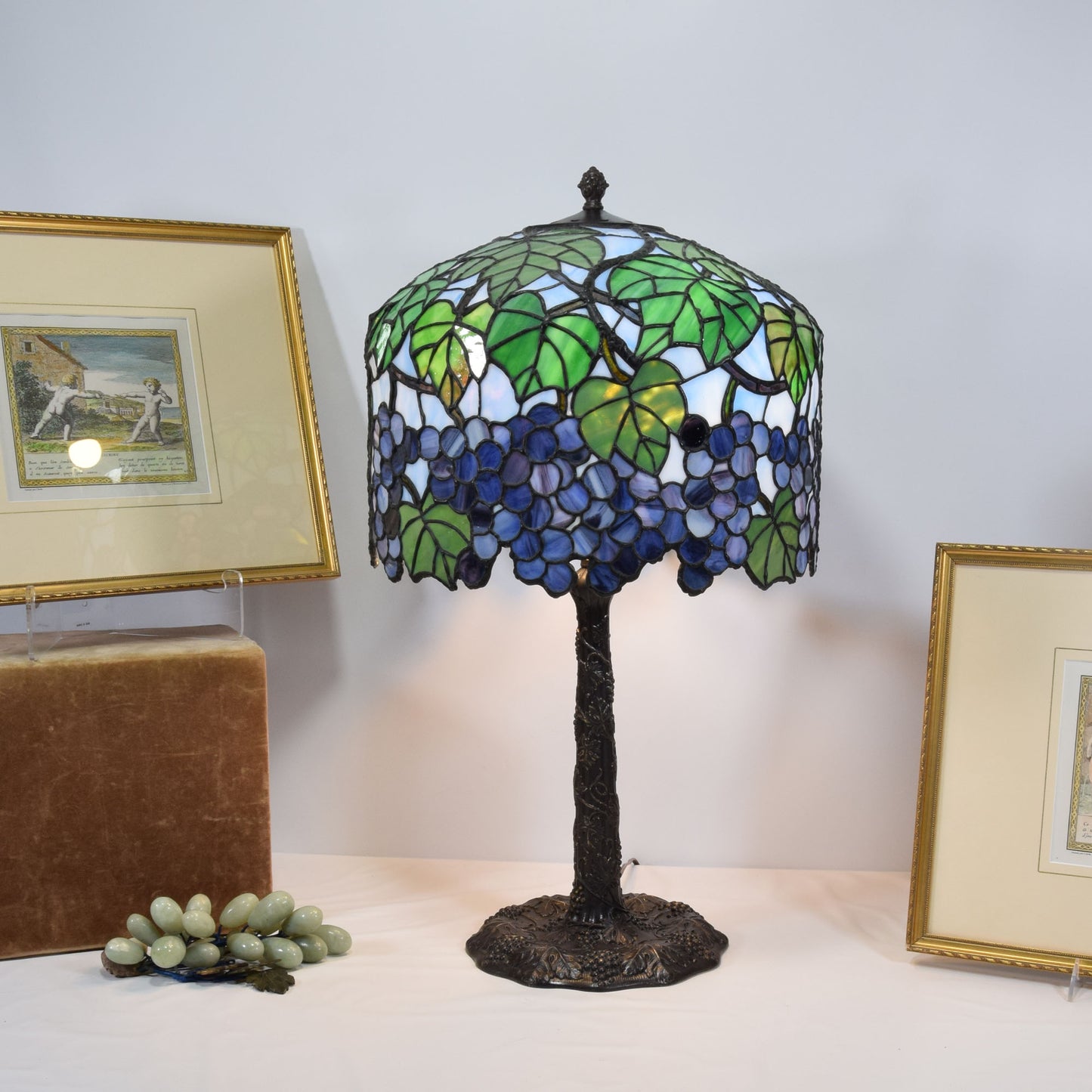 Antique Miller 3 Light Leaded Stained Slag Glass Table Lamp Grapes