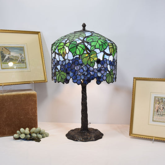 Antique Miller 3 Light Leaded Stained Slag Glass Table Lamp Grapes