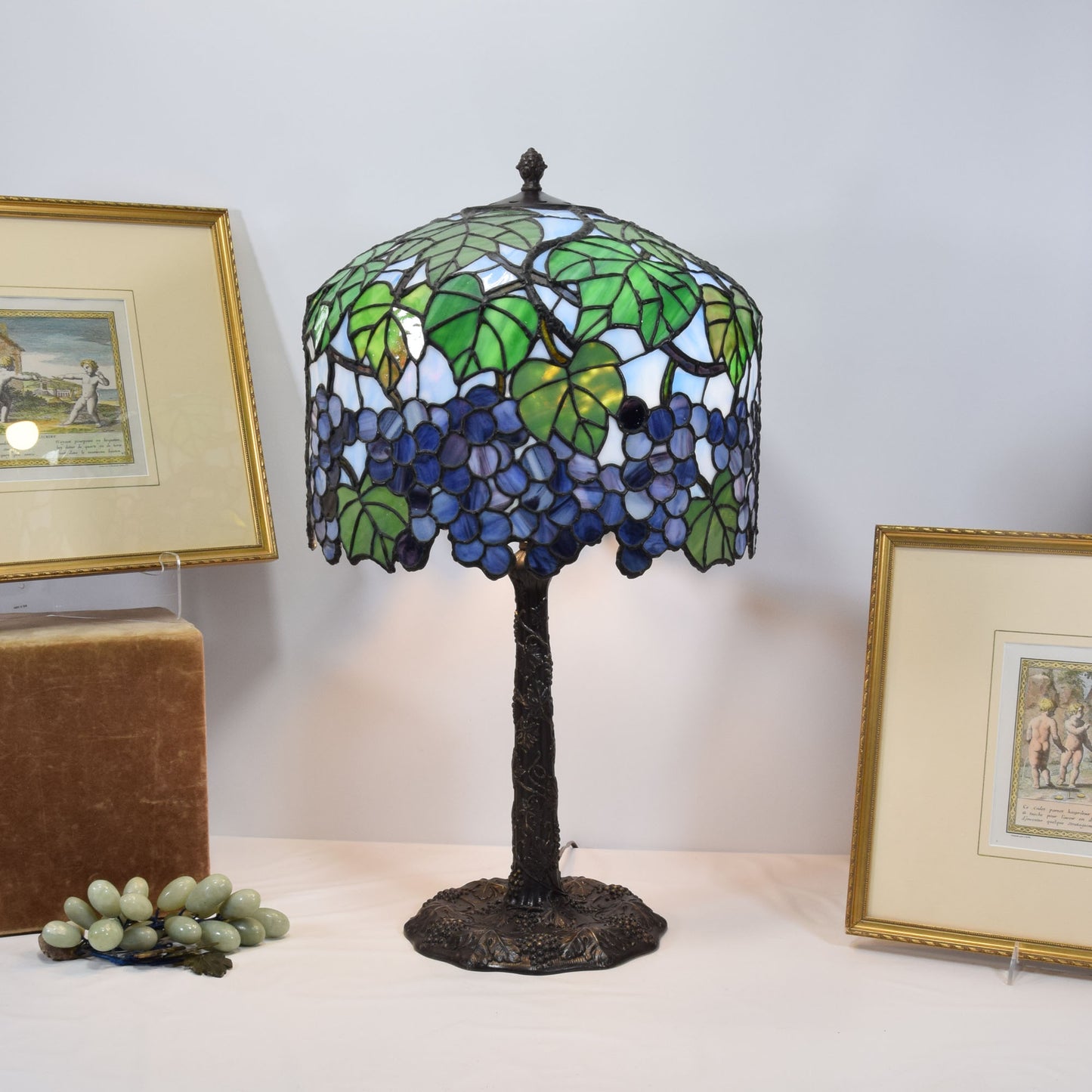 Antique Miller 3 Light Leaded Stained Slag Glass Table Lamp Grapes