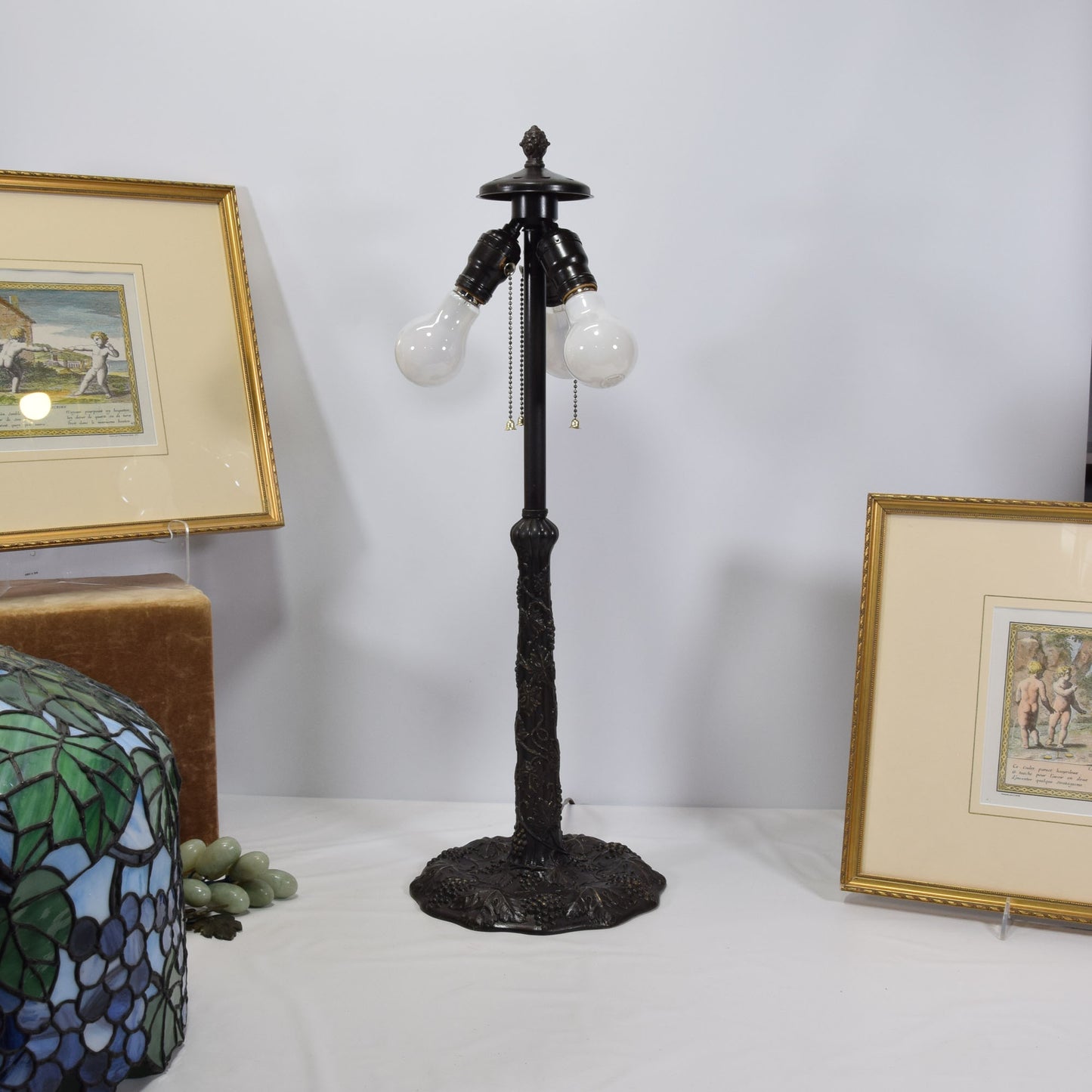 Antique Miller 3 Light Leaded Stained Slag Glass Table Lamp Grapes