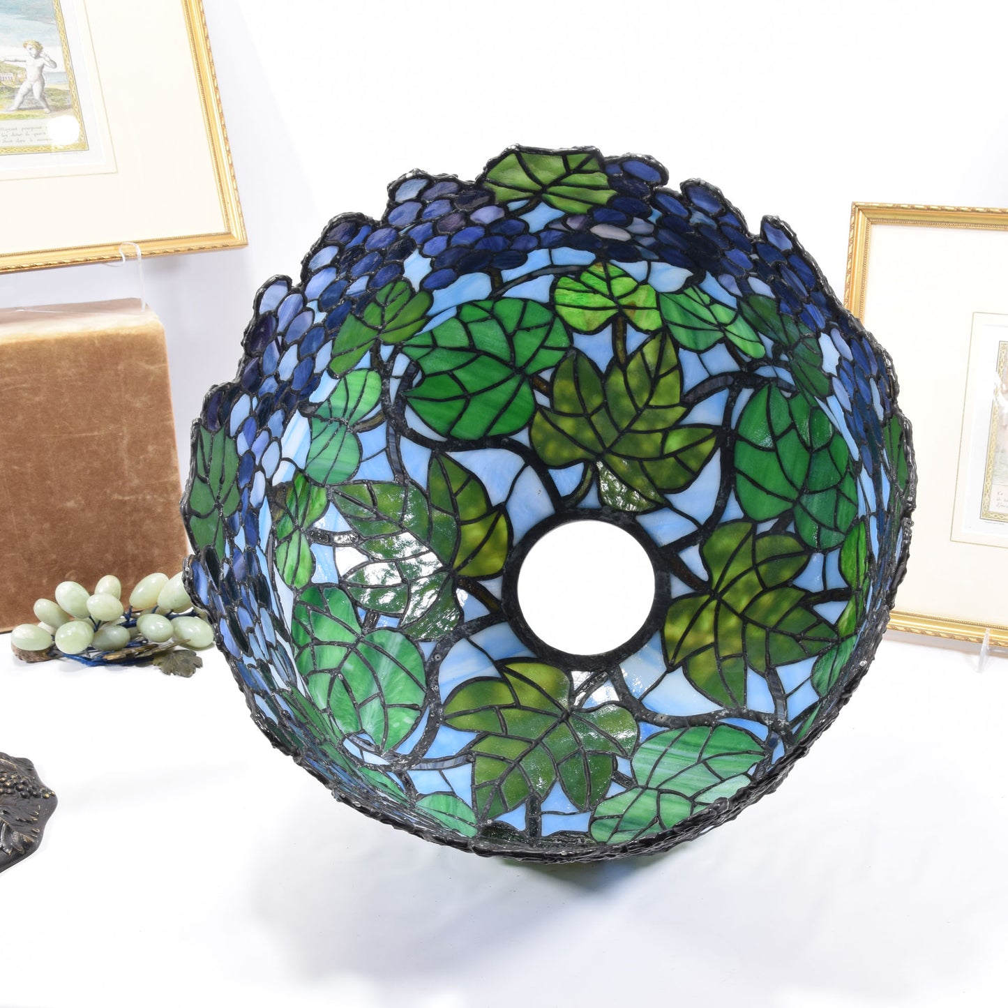 Antique Miller 3 Light Leaded Stained Slag Glass Table Lamp Grapes